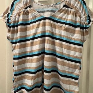 Notations Striped Short Sleeve Top - Blue, Black, Tan